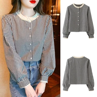 Chili Koko เสื้อเชิ้ต ลายสก็อต สไตล์เรโทรฝรั่งเศส คอกลม ลูกไม้ระดับไฮเอนด์ สำหรับผู้หญิง แขนยาว เสื้อเรียบหรู 99217