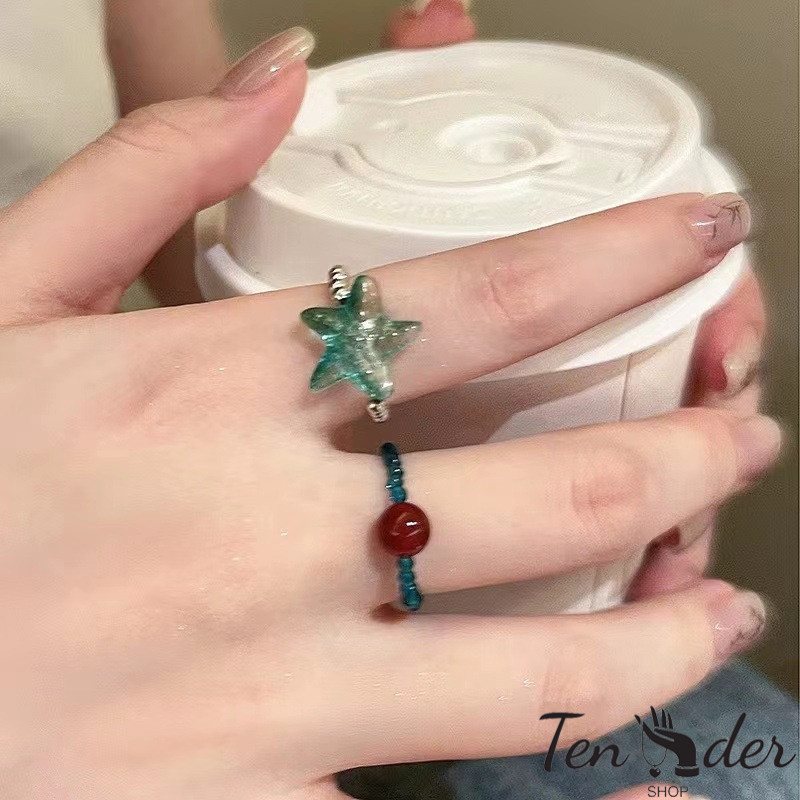 COD-ส่งเร็วจากไทย🎀แหวนลูกปัดรูปปลาดาวสีเขียวสำหรับผู้หญิง แหวนนิ้วชี้แบบปรับแต่งได้ แหวนปรับได้อเนกประสงค์-Ten