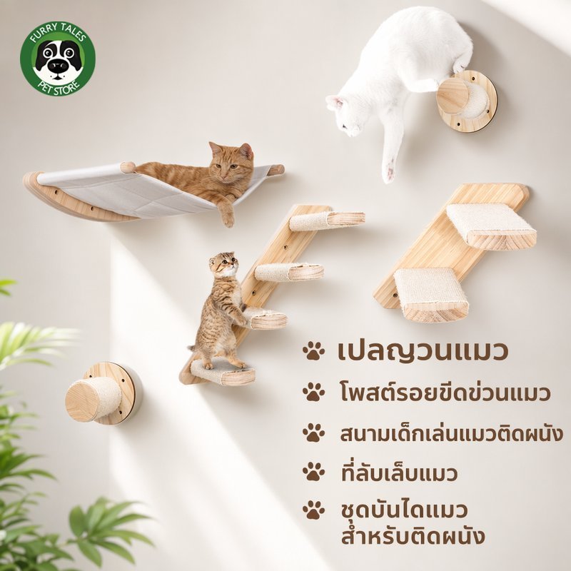 บันไดแมว เปลญวนแมว เสาลับเล็บแมว ของเล่นแมวติดผนัง คอนโดแมว ไม้ผ้าฝ้าย มินิมอล