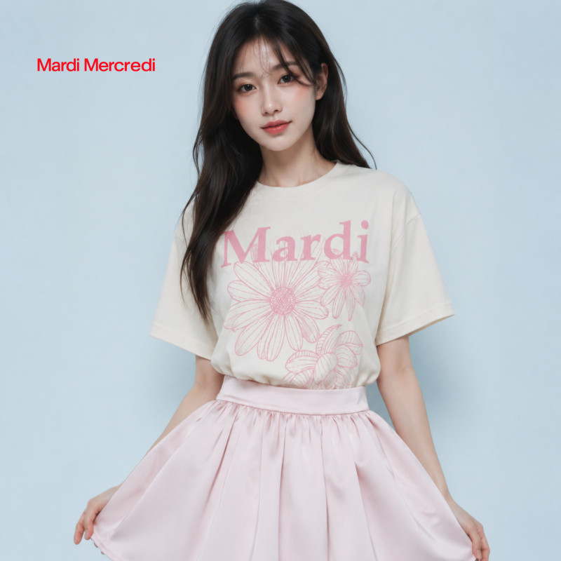 MARDI MERCREDI 26SS TSHIRT เสื้อยืดคอกลมลายดอกเดซี่สามดอก ฤดูร้อน ทรงหลวม ใส่สบาย เกาหลี ของแท้ 100%