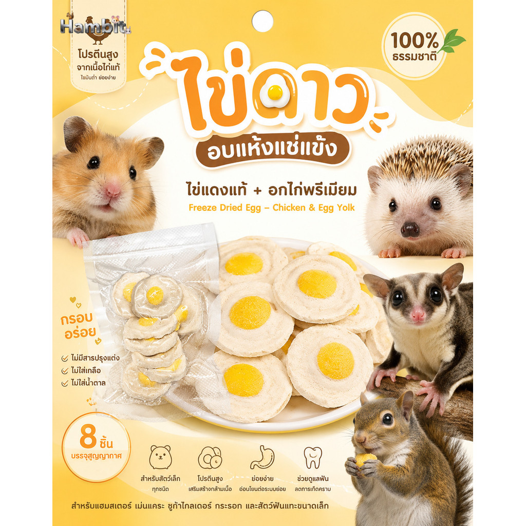 Hambit. ขนมไข่ดาวฟรีซดราย ขนมสัตว์เลี้ยงเกรดพรีเมียม ขนมนก ขนมแฮมสเตอร์ ชูก้าไรเดอร์ บรรจุสุญญากาศ 8 ชิ้น