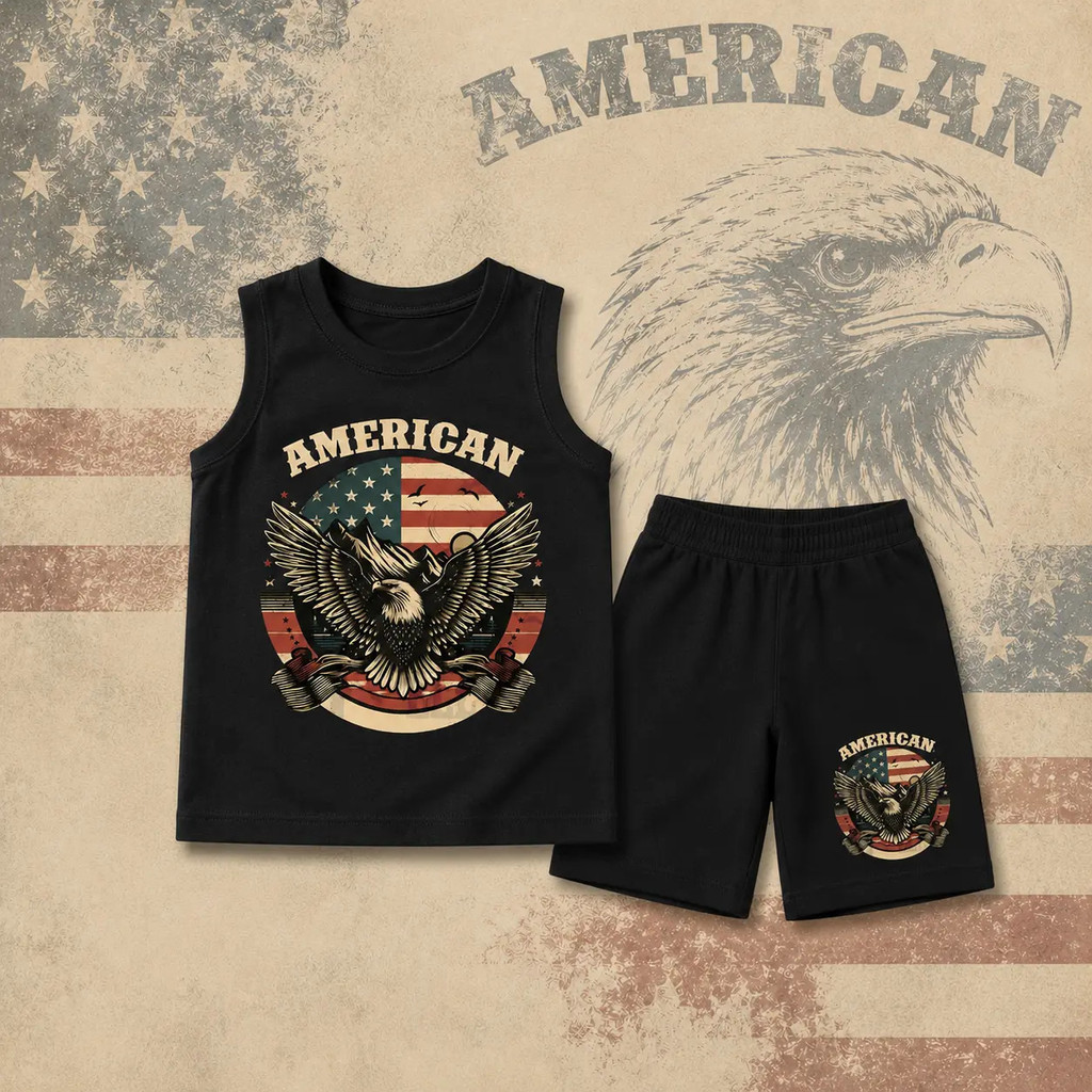 (จัดส่งตลอด 24 ชั่วโมง)  children ชุดเด็กผู้ชาย ลายอินทรี American Eagle เสื้อยืดแขนสั้น+กางเกงขาสั้น ผ้านุ่ม ใส่สบาย ไซ