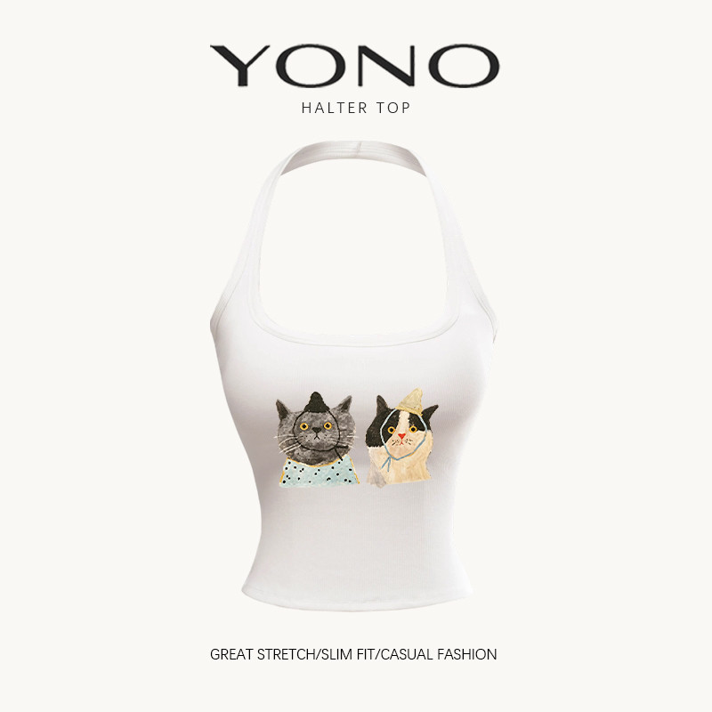 (พร้อมส่ง24ชม.) halter top เสื้อคล้องคอสีขาว ลายแมวคู่ ทรงเข้ารูป ฟีลคิ้วท์สดใส ใส่น่ารักทุกวัน