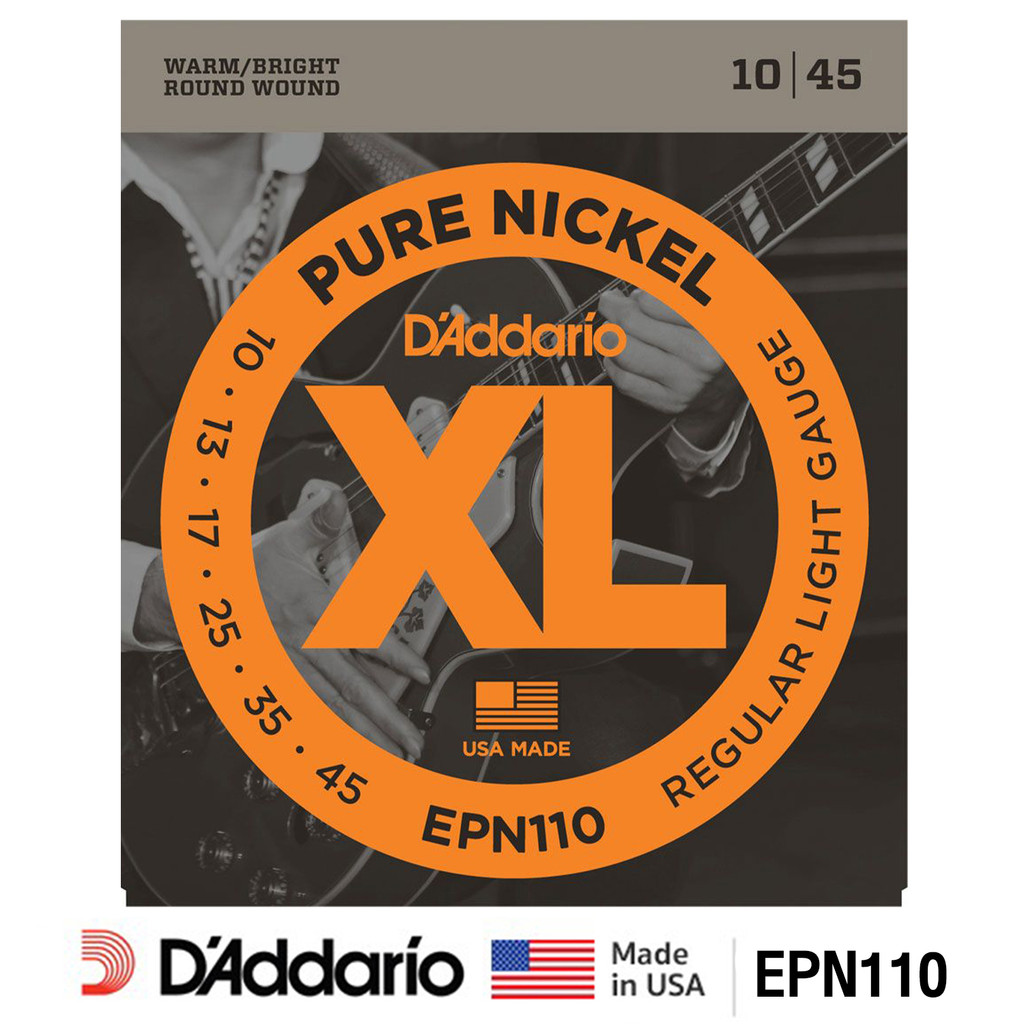 D'Addario® EPN110 สายกีตาร์ไฟฟ้า เบอร์ 10 แบบ Pure Nickel ( Regular Light, 0.10 - 0.45)  ให้โทนเสียง Warm/Bright ** Made