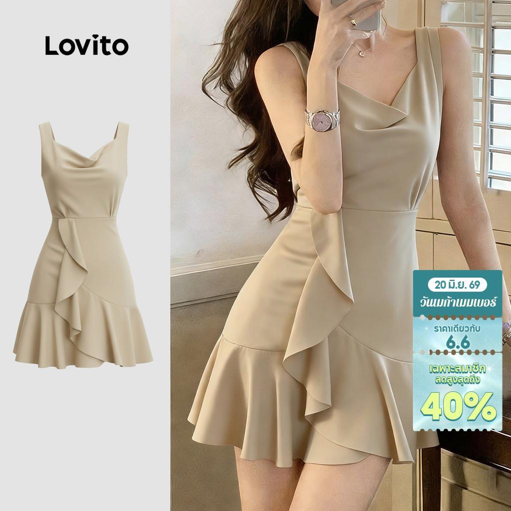 Lovito เดรสลําลองผู้หญิงผ้าพลิ้วสไตล์ Ruffle ฤดูร้อน/ฤดูใบไม้ผลิ สีคากี LK4ED853