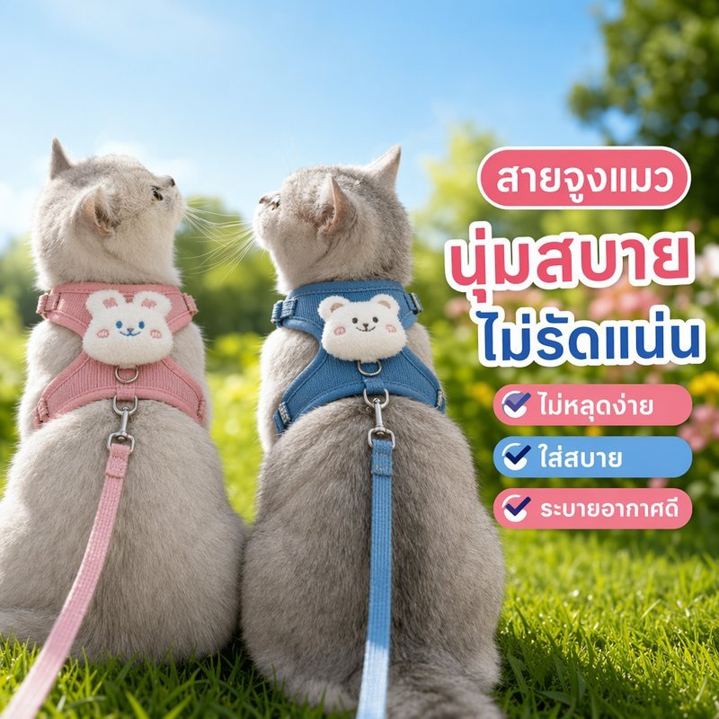สายจูงแมว สายรัดอกแมว ป้องกันหลุด ตาข่ายระบายอากาศ ปรับได้ เบา นุ่ม แมว กระต่าย หมาเล็ก