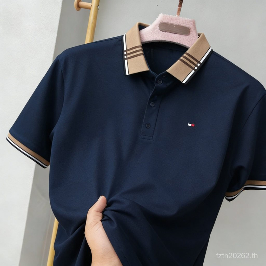 ผู้ชายเสื้อโปโลแขนสั้นลายสก๊อตปกสไตล์ธุรกิจเหมาะสําหรับใส่ทํางานผ้านุ่มระบายอากาศไม่ยับง่ายหลาย @-