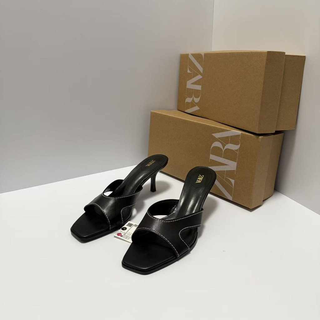 ZARA ฤดูร้อนสไตล์ใหม่สินค้าใหม่สีน้ําตาลสแควร์ Toe เปิดนิ้วเท้า Hollow One-word Strap กลับ Hollow Stiletto รองเท้าแตะรองเท้าแตะ