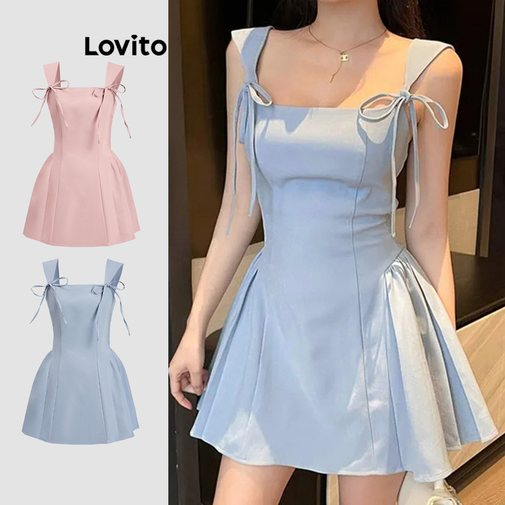 Lovito แคชชวล ชุดเดรสจับจีบ แต่งโบว์ สีพื้น สำหรับผู้หญิง L120ED1161