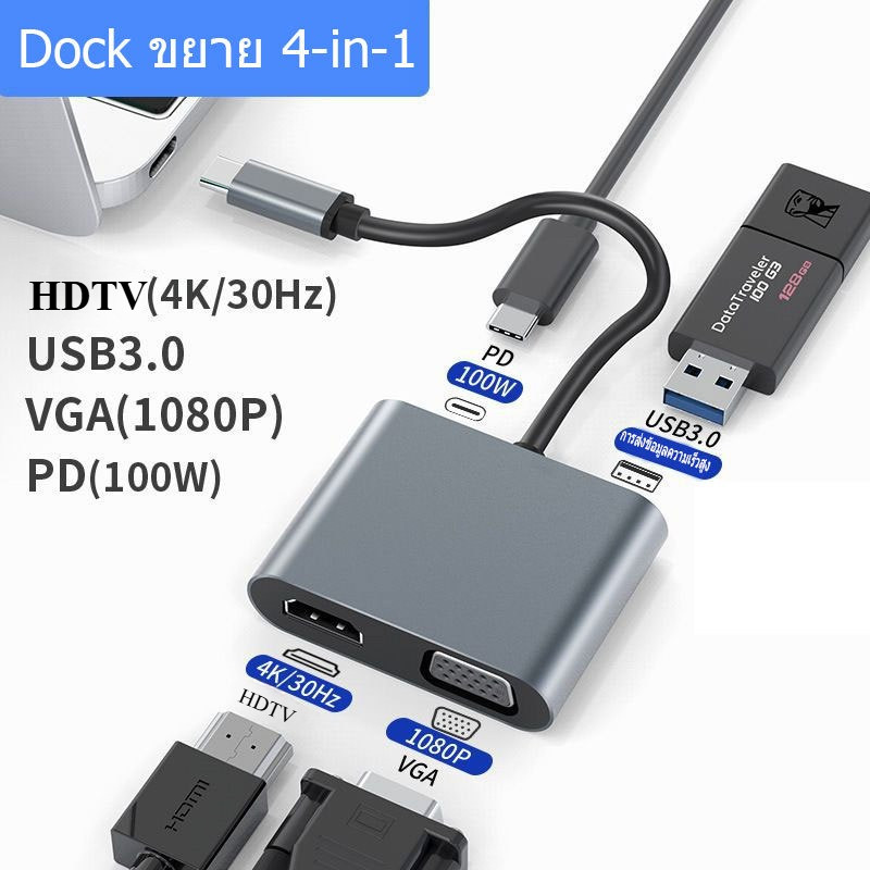 MGBB สายเคเบิลอะแดปเตอร์ Type-C ถึง HDMI+VGA+PD+USB สถานีเชื่อมต่อพอร์ต USB-C อะแดปเตอร์แล็ปท็อป