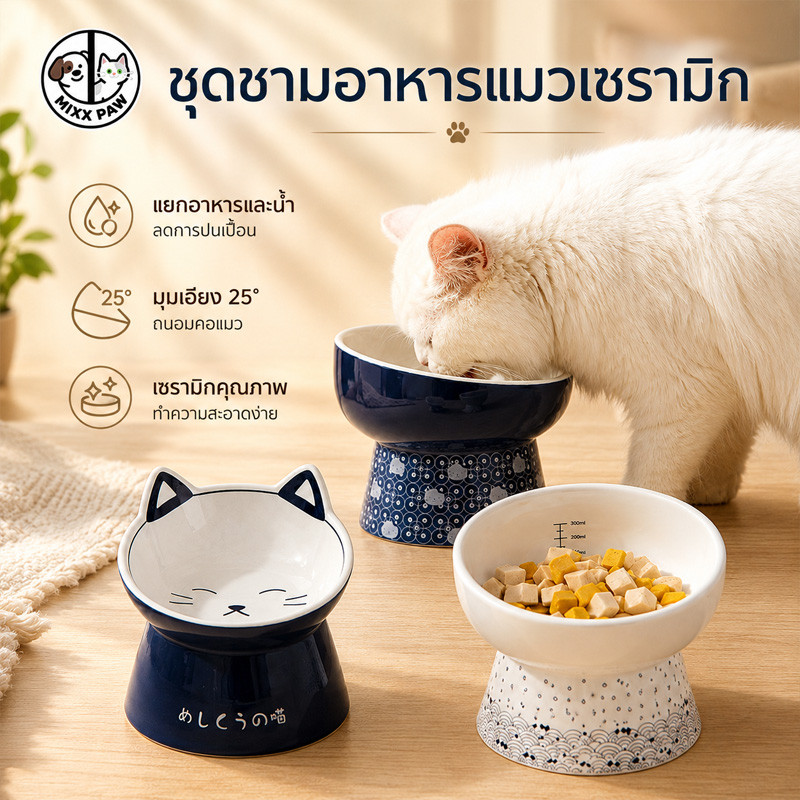 ชามอาหารแมวเซรามิก ชามอาหารแมวเอียง 25 °ชามแมว ป้องกันกระดูกสันหลังส่วนคอ ป้องกันกระดูกสันหลังส่วนคอ