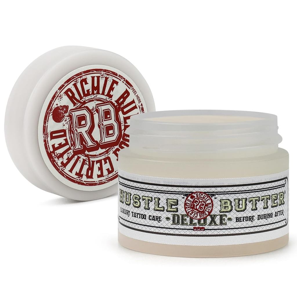 Hustle Butter Deluxe -- ก่อนสัก ขนาดกลาง ด้านหลังใช้-หล่อลื่นและให้ความชุ่มชื้น – ทางเลือกมังสวิรัติ