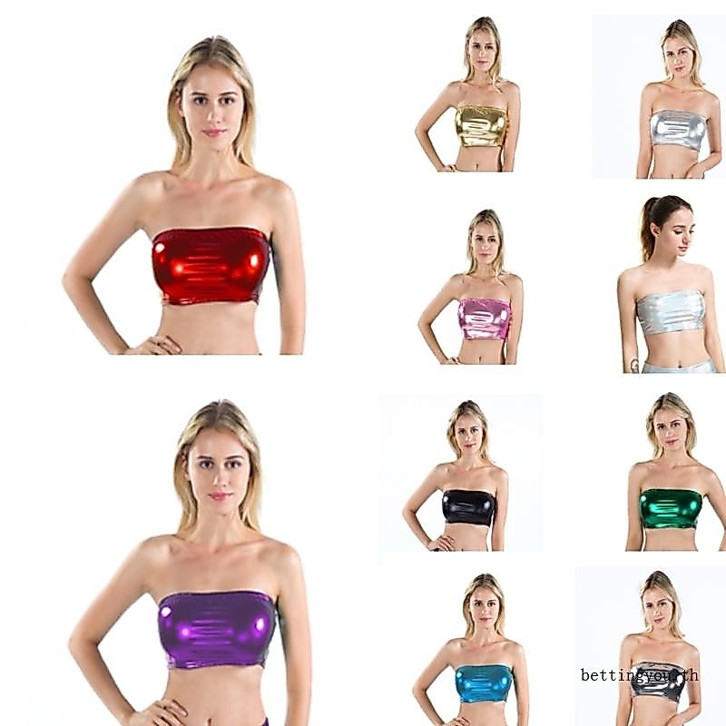 ʚɞ* ผู้หญิง Sparkly Metallic Crop Tube Top Strapless Skinny Club Party Bandeau