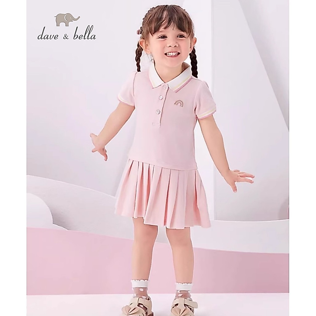 Dave Bella 9M-9Y เดรสเด็กผู้หญิง ผ้าฝ้าย100% การปักลายรุ้ง ชุดเดรสสีชมพู ชุดโปโลทรงเอไลน์ DB13088
