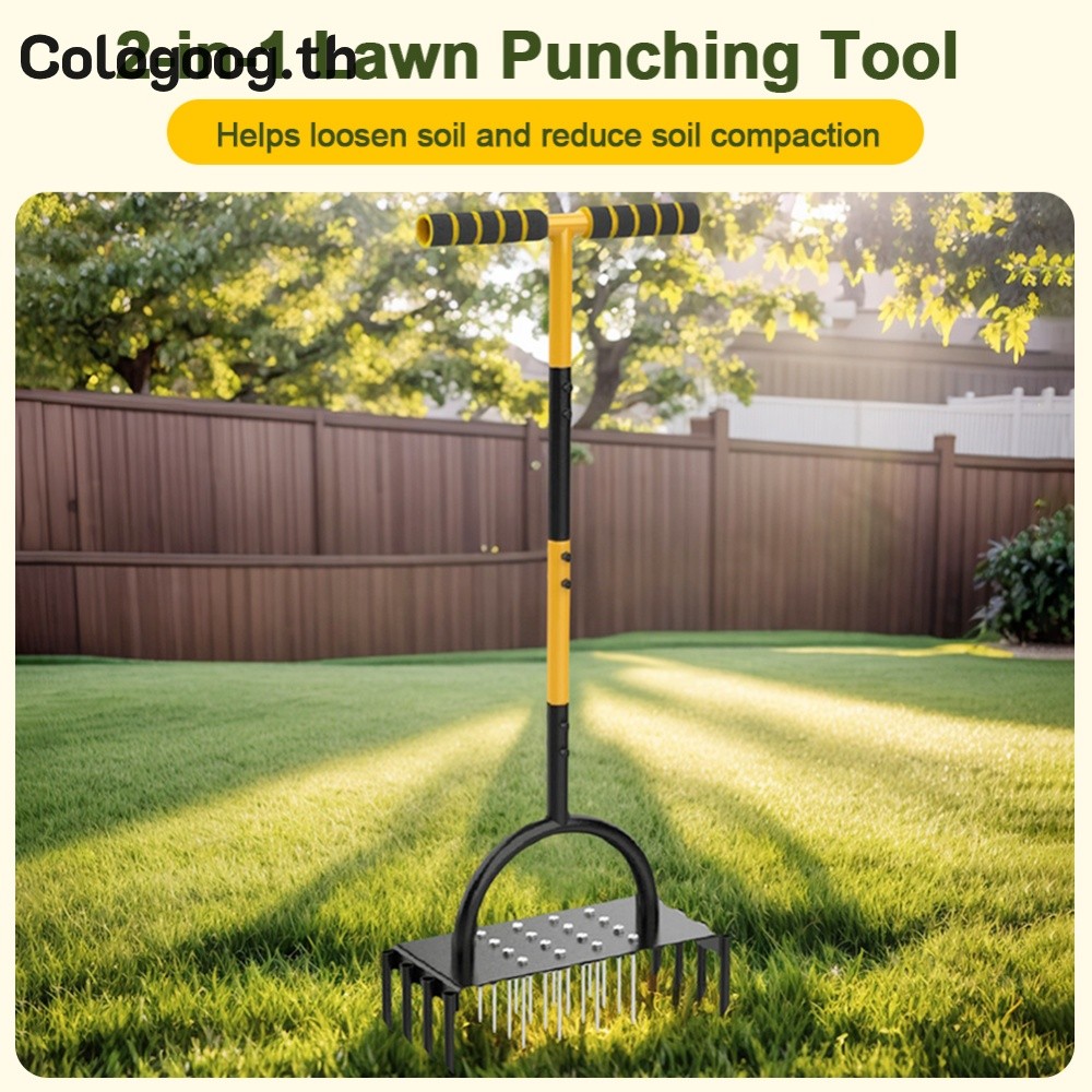 [colog.th] 2 in 1 Manual T-Handle Grass Spike Aeration 96 ซม.Yard Oil Aerator เครื่องมือ 16 Spikes 8 Cores for Revives สนามหญ้า Health