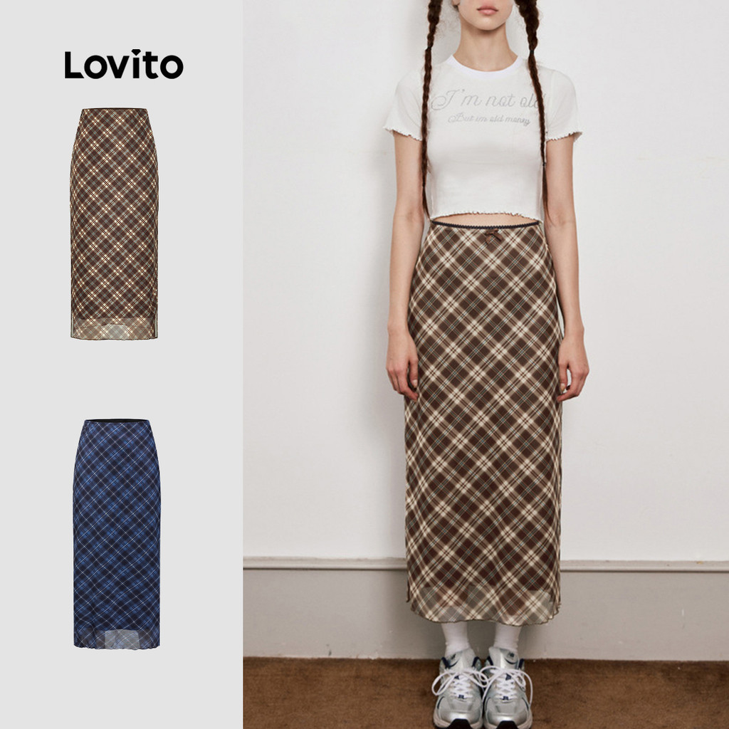 (LIVE STREAM SALE) Lovito แคชชวล กระโปรงทรงแยก ลายตาราง สองชั้น สำหรับสตรี L58AD073 (หลากสี)