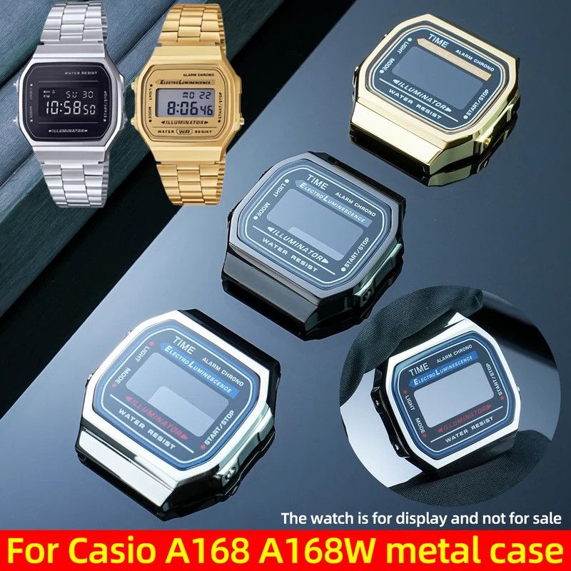 A168 อัพเกรดกรณีโลหะสําหรับ Casio A168W A168WA-1 นาฬิกาดัดแปลงสแตนเลส + เลนส์คริสตัลแร่พร้อมอุปกรณ์เ