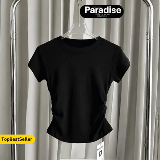 Paradise | เสื้อครอปสม็อคข้าง ผ้ายืดหยุ่น ใส่สบาย ทรงเข้ารูป เสื้อแฟชั่นผู้หญิง เสื้อครอปแขนสั้น สไตล์เกาหลี แมทช์ง่าย