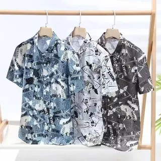 เสื้อดำคอปก เสื้อเชิ้ตแขนสั้นผู้ชาย พิมพ์ลาย 100% Polyester Dimension M-3XL