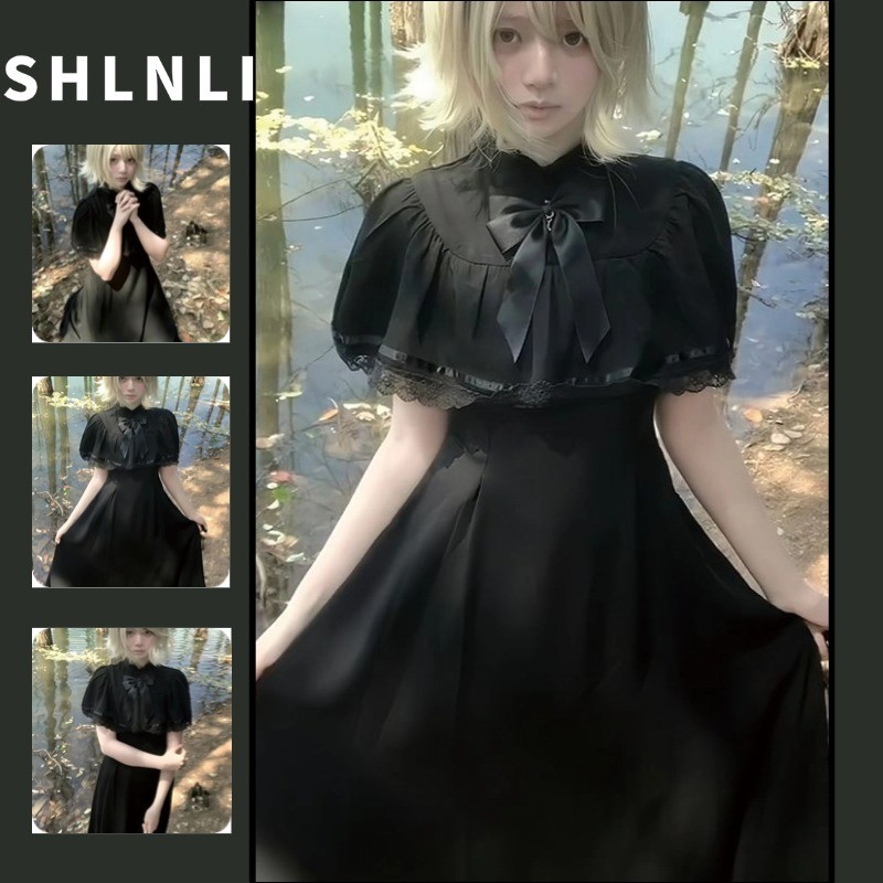ญี่ปุ่นสไตล์โกธิคย้อนยุคสีดําเคปกลางความยาวชุดเดรสสําหรับผู้หญิง