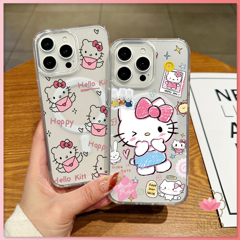 เคสใสแบบแข็งแม่เหล็กสำหรับ iPhone 16 รุ่น 11 12 13 14 15 Pro Max เคสลาย Hello Kitty รุ่น xr xs Max 7 8 Plus พีซี