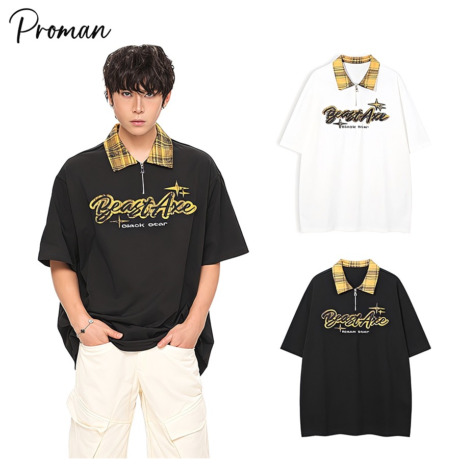⚡ProMan⚡เสื้อโปโลผู้ชาย พิมพ์ลายตัวอักษร แฟชั่น ชุดคู่รัก ลำลอง