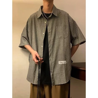 MNO.9 Shirt C160 เสื้อเชิ้ตOversize เสื้อเชิ๊ตคอปก ลายเส้น มีกระเป๋าหน้าเชิ๊ตชาย Man ผู้ชาย Clothing ขาว เทา และฟ้า