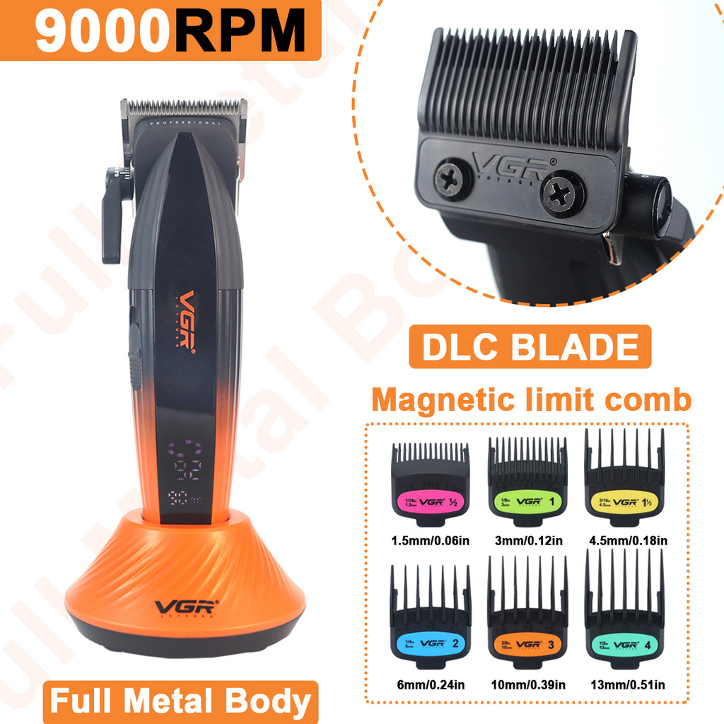 VGR V-889C Professional Hair Clipper สําหรับชาย DLC ใบมีด 9000RPM พร้อมฐาน Charger โลหะเต็มรูปแบบจอแสดงผล LCD ตัดผม