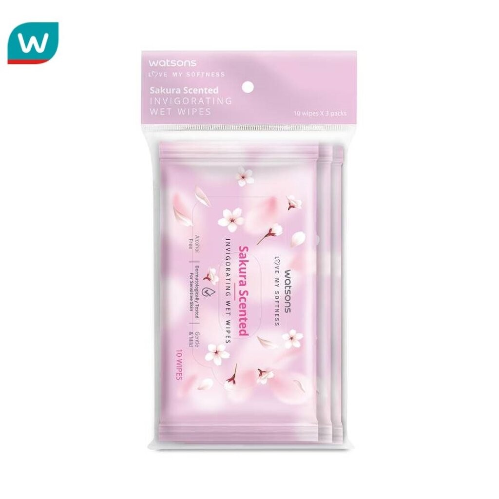 Watsons วัตสัน ซากุระ เซ็นเท็ด อินวิกอเรทติ้ง เว็ท ไวพ์ 10 แผ่น x 3 แพ็ค.