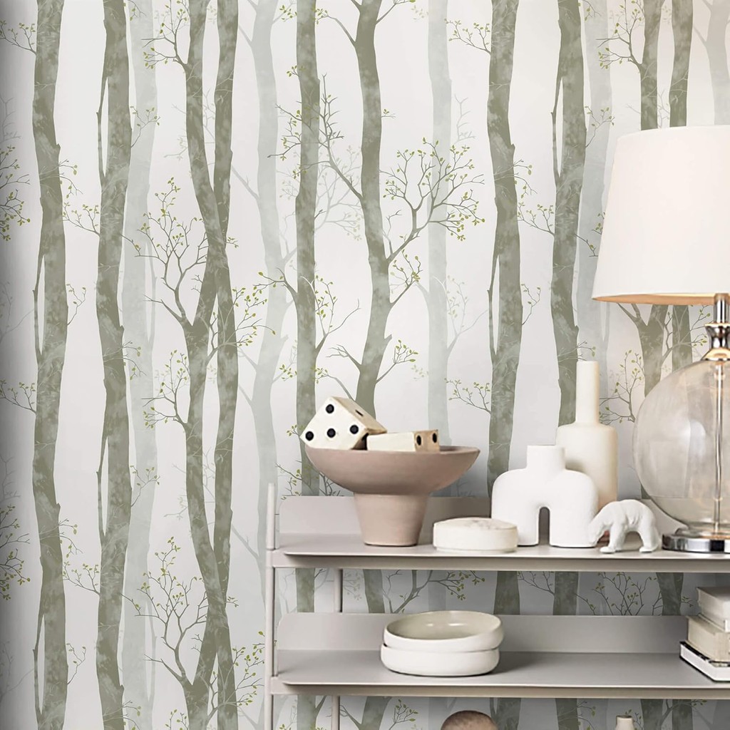 Dimoon วอลล์เปเปอร์ ขนาด 78.7"x16.1" จาก birch tree peel สไตล์ leaf forest ในโทน taupe, สีขาวและน้ำต