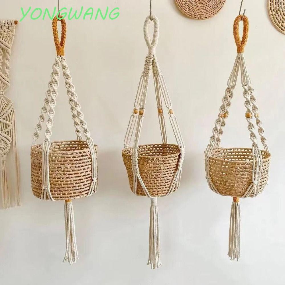 YONGWANG ที่วางกระถางดอกไม้, Boho 4 ขาเชือกฝ้ายแขวนกระถางดอกไม้,ทนทานสวน DIY Handmade ไม้แขวนเสื้อกลางแจ้ง