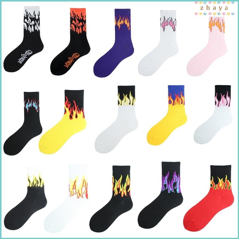 ZHAYA ญี่ปุ่น Harajuku ผู้หญิงผู้ชายเปลวไฟพิมพ์ลูกเรือถุงเท้า Hip Hop Contrast สี Ribbed กีฬา Street สเก็ตบอร์ดหลอด Hos