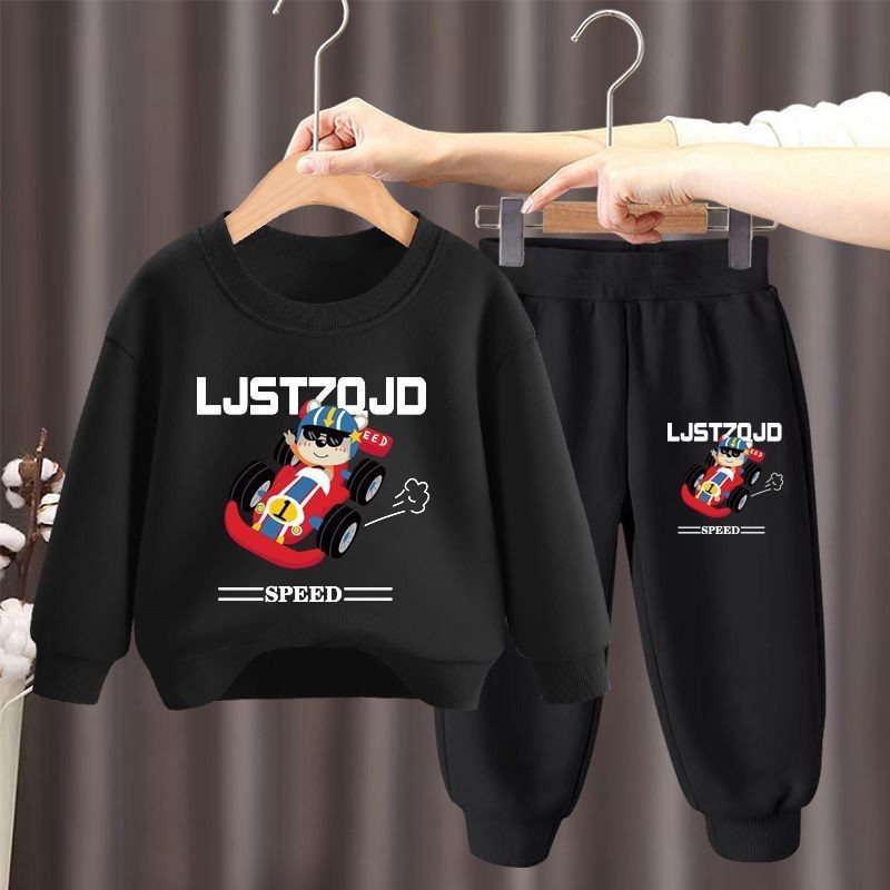 เด็กยาว ที สูท 2025 สไตล์ใหม่รอบคอชุดสองชิ้นการ์ตูนกางเกงขายาวแขนยาวเสื้อผ้าเด็กสองชิ้น