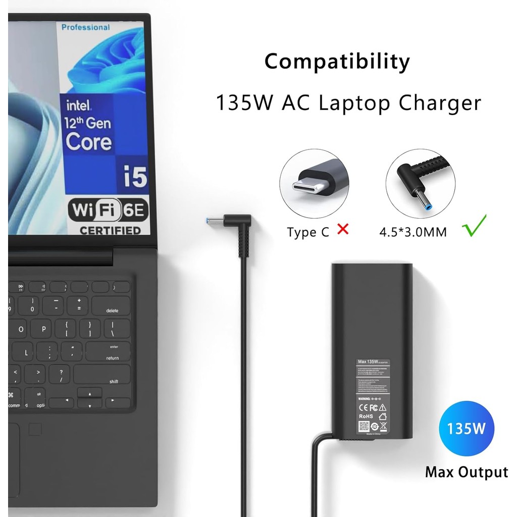 135W แล็ปท็อปชาร์จสําหรับ HP Spectre X360 Charger 15t-df100 15-df000 16t-f10 16 2-in-1 แล็ปท็อป HP O