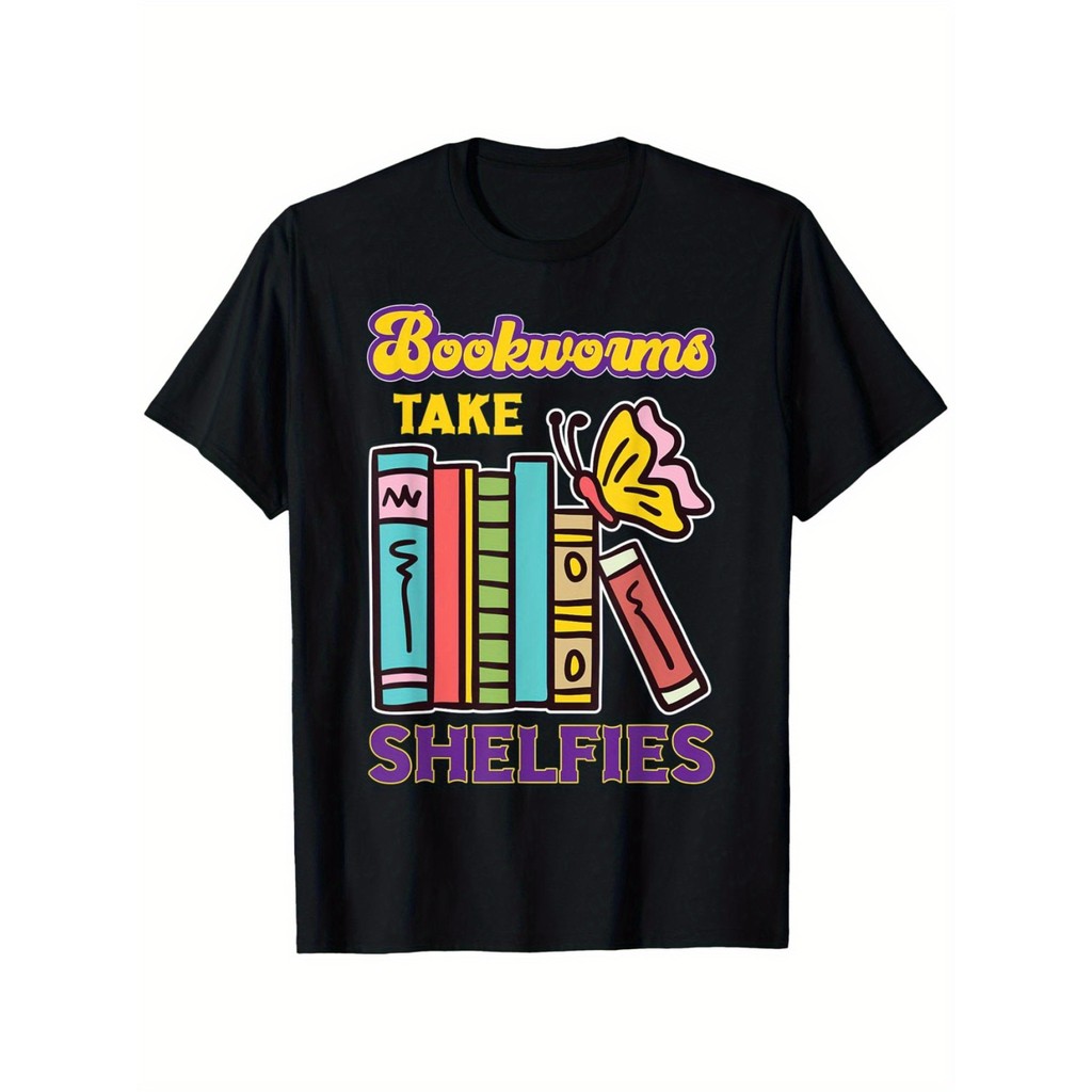 KATUN เสื้อยืดผ้าฝ้ายเนื้อนุ่มสําหรับผู้ชายพร้อม Kutubu Motif, Black Book and Shelf Print, Short Sle