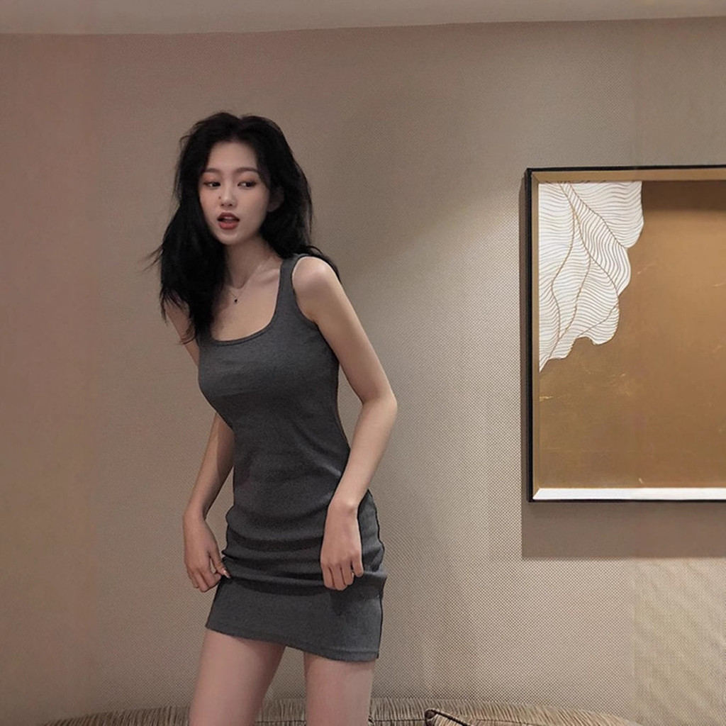 【Ready Stock】 Black Cotton Slim-Fit Waist-Tight Sexy Pure Suspenders Dress for Women New Hot Girl In