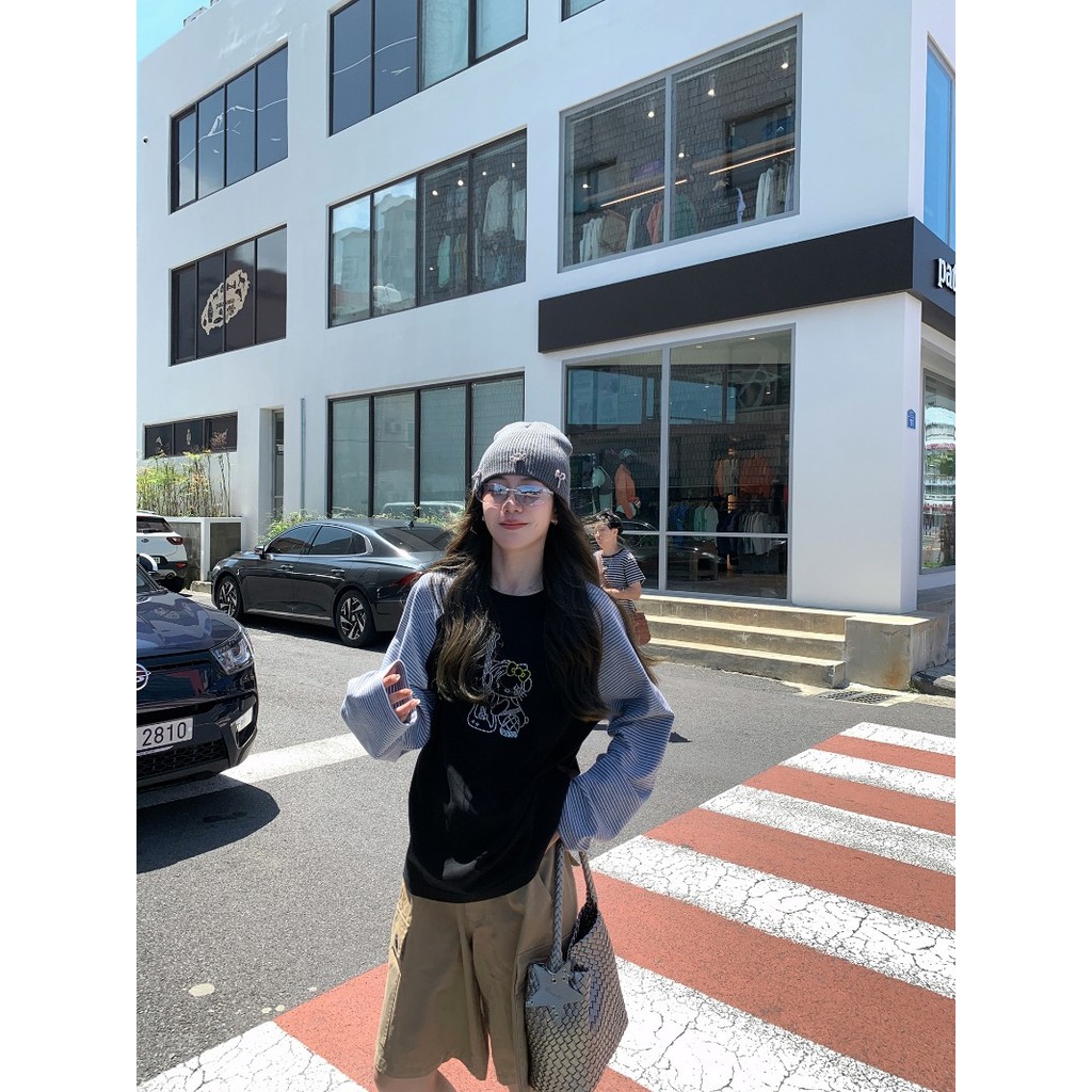 เสื้อยืดลายทางวินเทจ ทรงหลวม ไหล่ตก เหมาะสำหรับผู้หญิง - รูปที่ 2