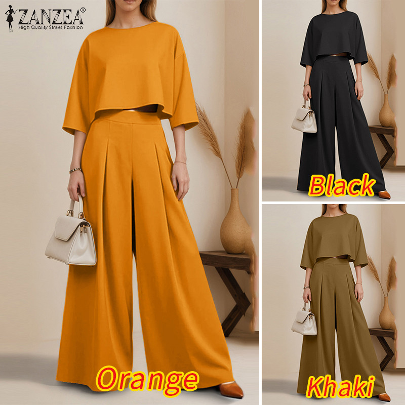 ZANZEA ชุดทำงานสำหรับผู้หญิง แขน3/4และเอวสูง กางเกงขากว้าง เหมาะสำหรับออฟฟิศ — صورة 3