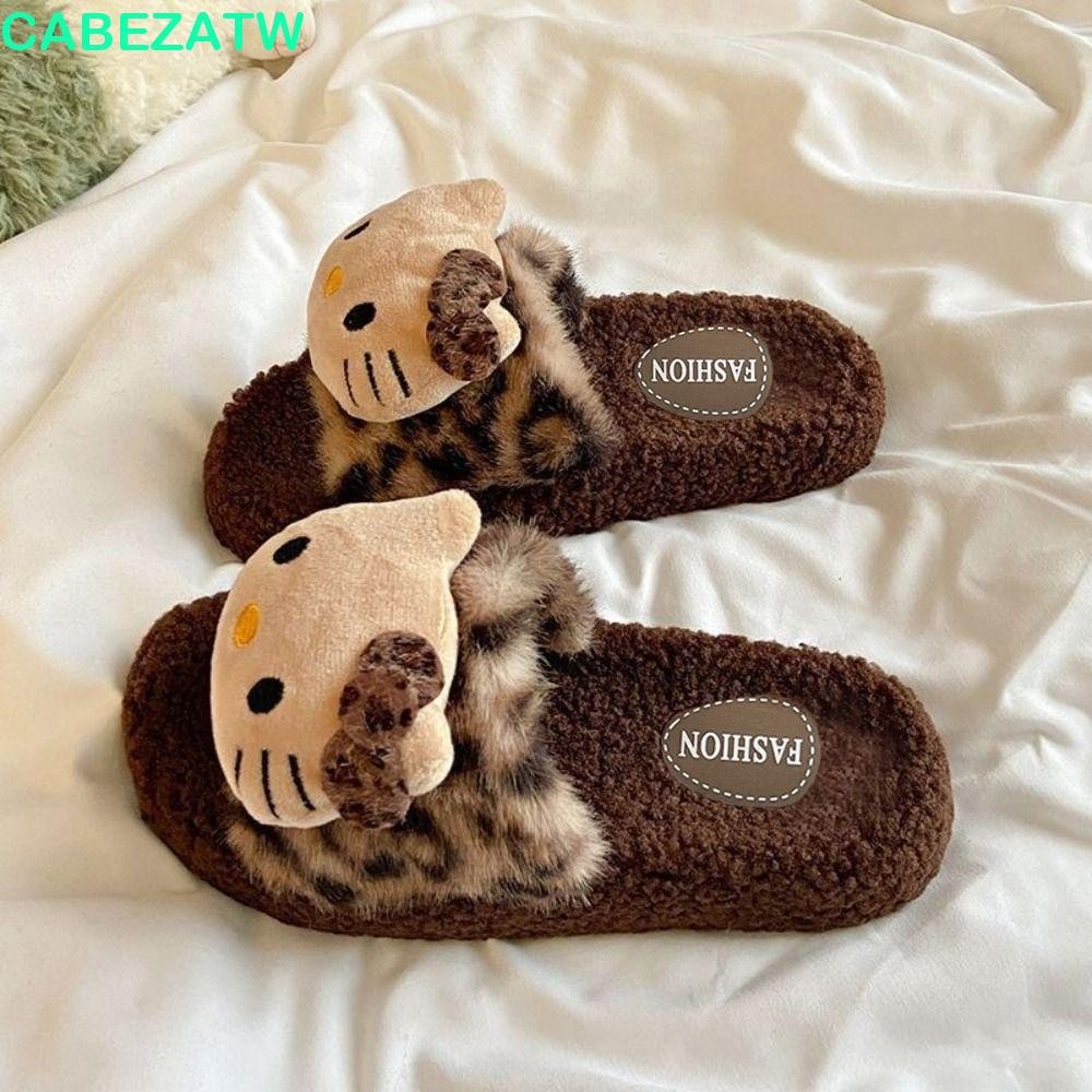 Cabezatw Kitty Plush รองเท้าแตะ,นักเรียน Anti Slip Warm Fur รองเท้าแตะ,อะนิเมะบ้านปุยในร่มกลางแจ้ง Y2k เสือดาวรองเท้าแตะฤดูหนาว พิมพ์เสือดาว เคธี่