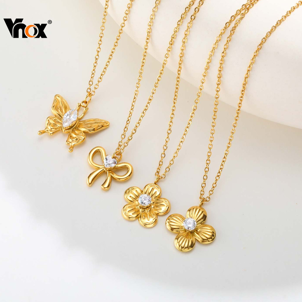 VNOX วีน็อกซ์ เพทาย ลูกบาศก์ โลหะดอกไม้ผีเสื้อโบว์จี้สร้อยคอผู้หญิงสแตนเลสสร้อยคอกันน้ําแฟนแฟชั่นที่เรียบง่ายเครื่องประด