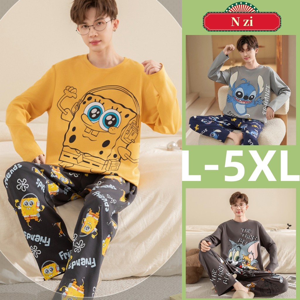ชุดนอนแขนยาวสำหรับผู้ชาย ทำจากผ้าฝ้าย 100% สไตล์การ์ตูน พิมพ์ลาย ใส่สบายในฤดูกาลใบไม้ร่วงและหนาว ไซส์ L-5XL