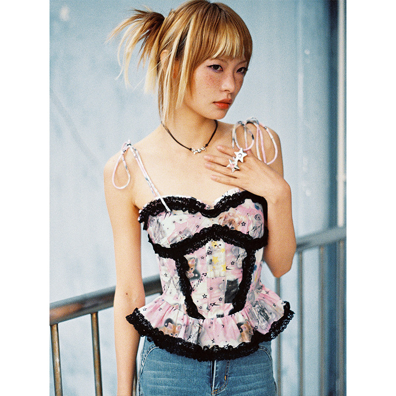 CFIERCE "LOVE ME" Series Cat Print Fishbone Corset Sling