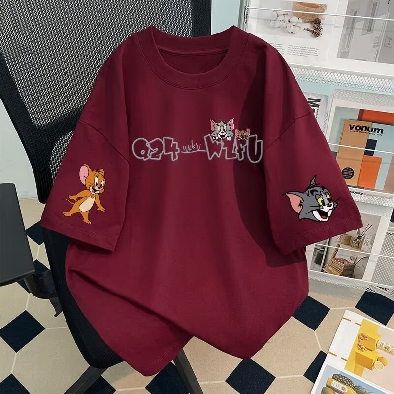 COD 2025100% Heavyweight Pure Cotton American Cartoon Fun Short Sleeve T-Shirt for Women Summer Loos