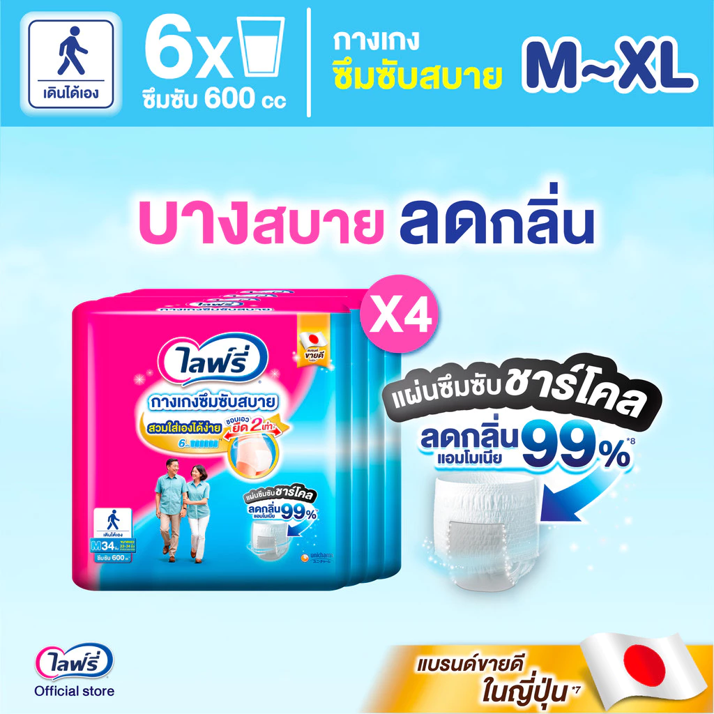 (เลือกไซส์ด้านใน) ขายยกลัง! Lifree ไลฟ์รี่ กางเกงซึมซับสบาย ขนาด M - XL 4 แพ็ค