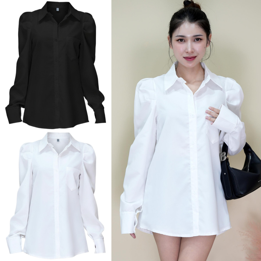 เสื้อเชิ้ตแขนยาว คอปก ทรงแขนตุ๊กตา สไตล์เกาหลี สำหรับผู้หญิง สาวออฟฟิศ เนื้อผ้าคอตตอน ใส่สบายระบายอากาศ