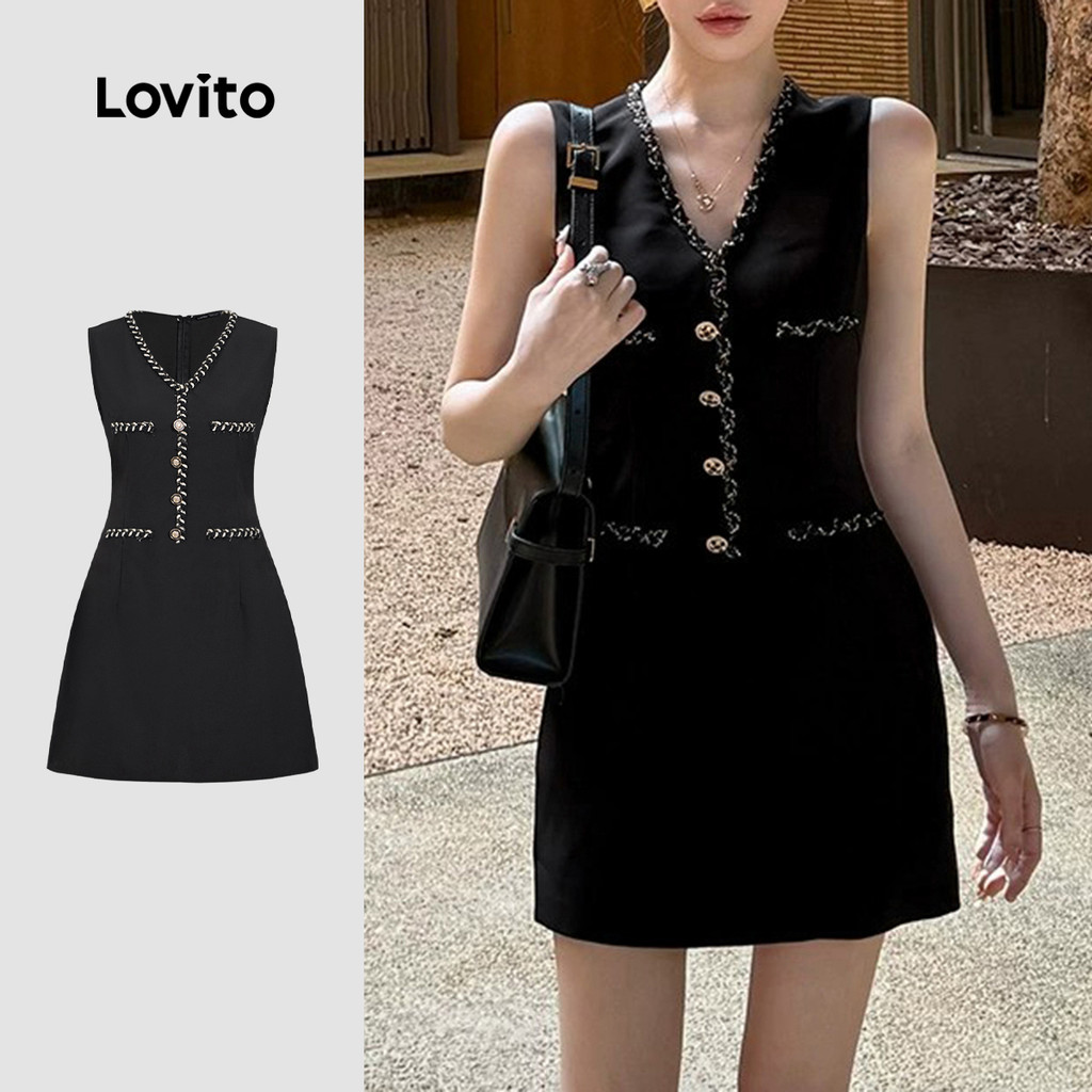 (NEW) Lovito ชุดกระโปรงหรูหรา ดีไซน์ตัดต่อลายเส้น ปุ่ม ติดระบุชื่อ ฤดูใบไม้ผลิ/ฤดูร้อน สีดำ L155ED1871