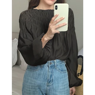 Hotgirl พร้อมส่ง เสื้อแขนยาวคอกลมสไตล์ฝรั่งเศสหวานๆ แขนพอง ดีไซน์จับจีบ สไตล์ย้อนยุคสบายๆ หลวมๆ