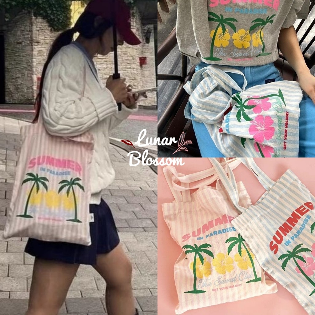Lunar Blossom 💕💕 กระเป๋าหิ้ว กระเป๋าผ้าใบสะพายไหล่ ลายพิมพ์ต้นมะพร้าว ความจุขนาดใหญ่ แฟชั่นลำลอง ส่งไวจากไทย