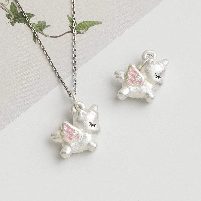 S999足银滴胶可爱独角兽吊坠DIY串珠手链项链3D硬银小马挂件配件