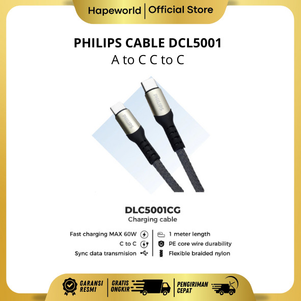สาย PHILIPS A TO C DLC5001AB | CABLE C TO C DLC5001CB สีดํา